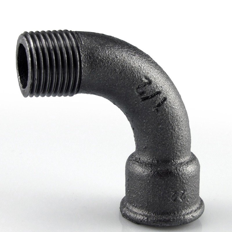 Raccord fonte malléable noir courbe grand rayon 90° mâle femelle pour tube acier carbone