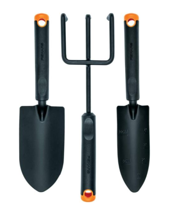 Fiskars Set d'Outils de Jardinage, 3 Pièces, Déplantoir, Transplantoir, Griffe de Jardin, Tête en Acier Inoxydable/Poignée en Plastique, Noir/Orange, Ergo, 1027681