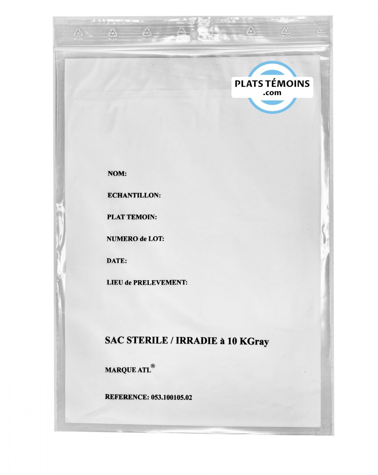 SACHET PLASTIQUE PLAT TEMOIN - Sacs Zip Stériles