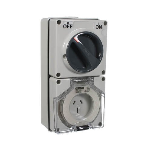 IP66 Clipsal 56 Series - Switched Socket Outlet - 250V 15A 3 Flat PIN 1 Pole - Grey - 56C315-GY