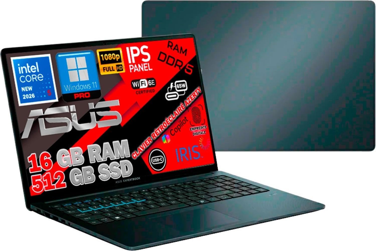ASUS Ordinateur ExpertBook Portable Intel Core 5 120U 14 Gén 12 Cœurs, RAM 16Go DDR5, SSD 512 Go, Win 11 Pro