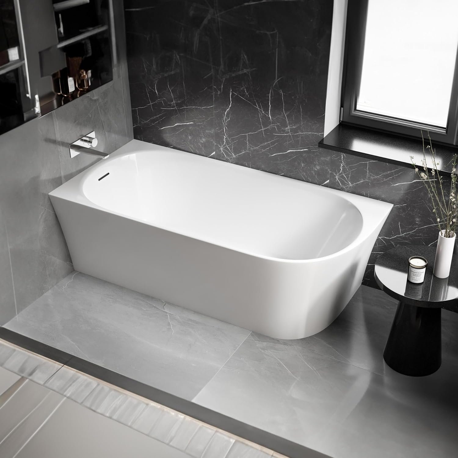 Baignoire d'angle semi-îlot Blanc brillant design Acrylique + Bonde et trop plein, 215L, Montage à gauche - 170x80x58cm (lxLxH)