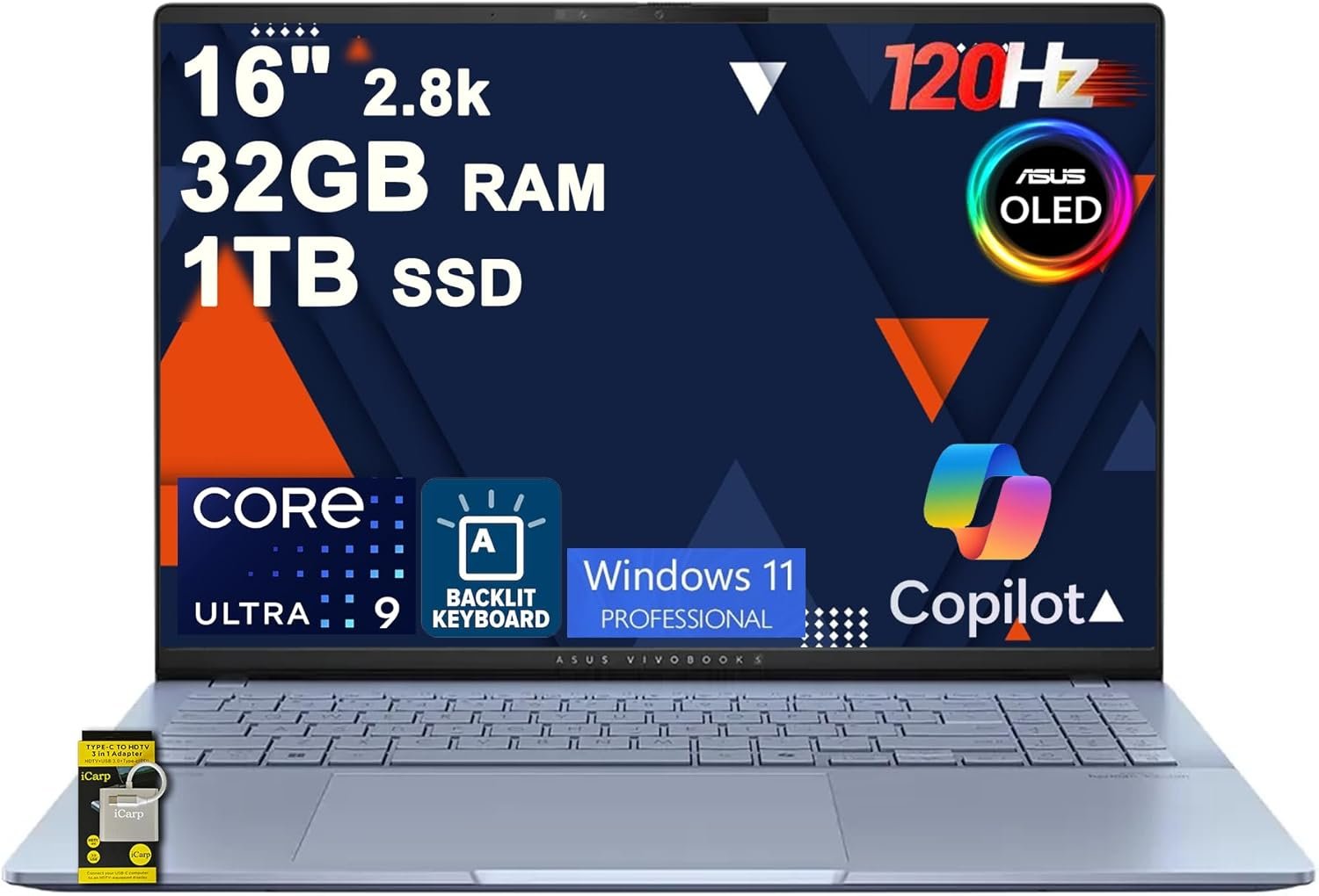 Ordinateur portable ASUS Vivobook S16 AI PC 16", Processeur Intel Ultra 9 285H 16 cœurs | 32 Go DDR5 | SSD 1 To, Windows 11 Professionnel