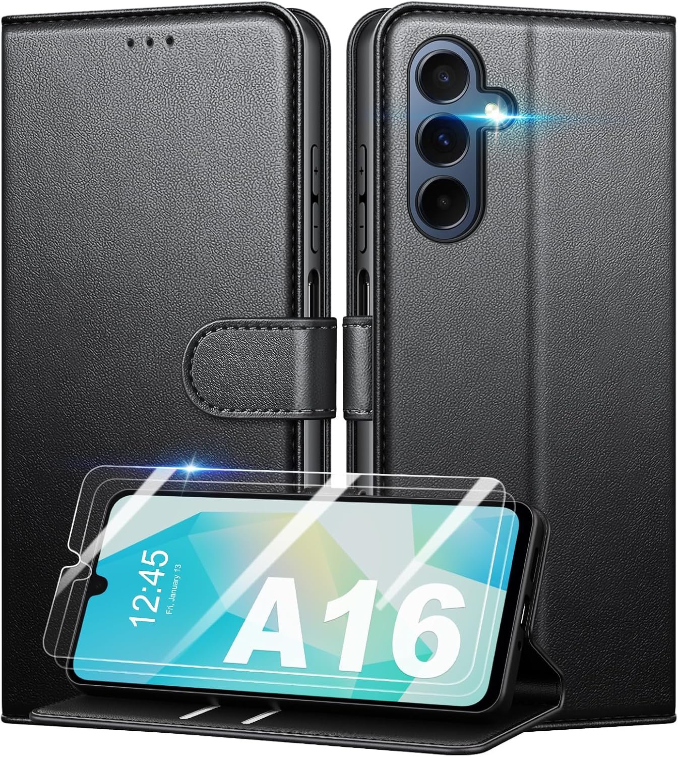 Coque pour Samsung Galaxy A16 4G/5G + 2 Pièces Verre Trempé, [RFID Blocage] Étui de Protection Housse Premium en Cuir PU,