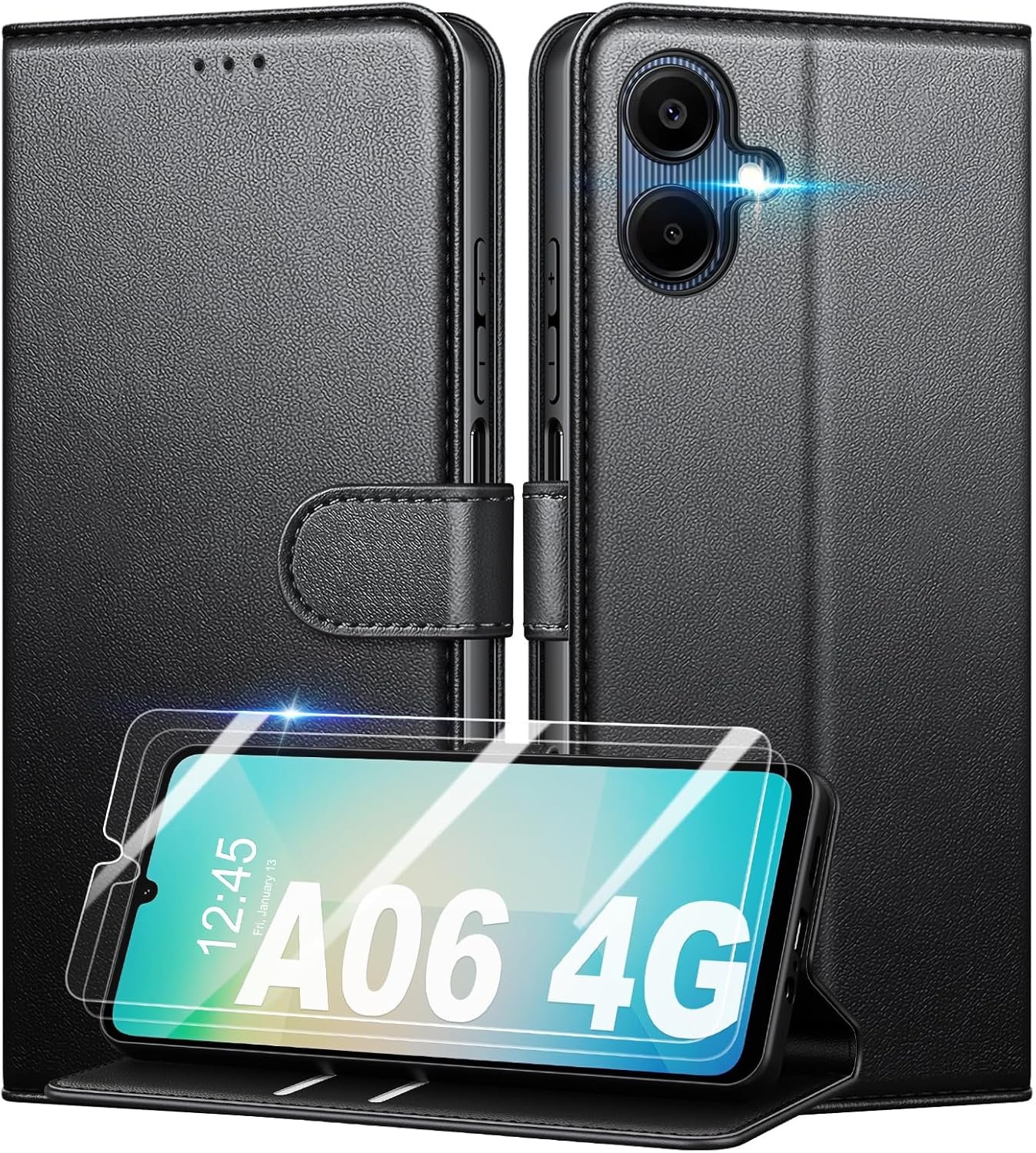 Coque pour Samsung Galaxy A06 4G + 2 Pièces Verre Trempé, [RFID Blocage] Étui de Protection Housse Premium en Cuir PU