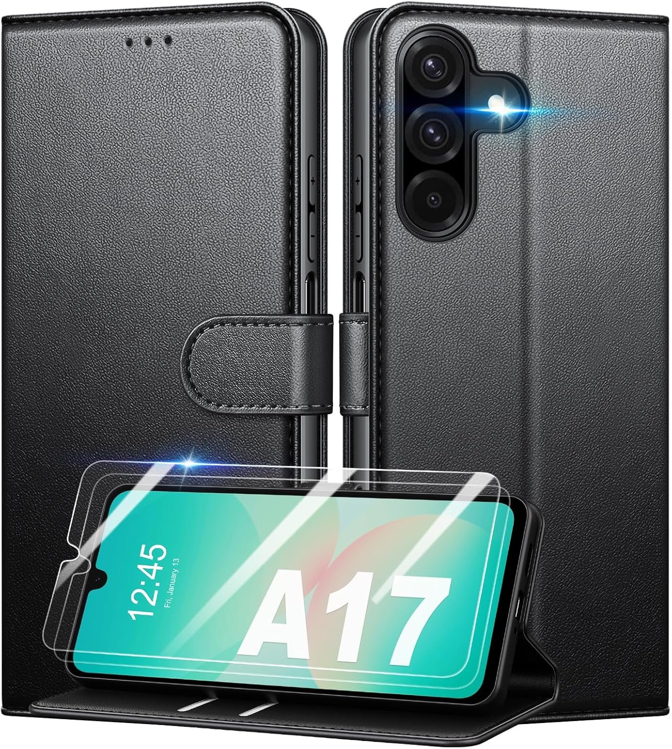 Coque pour Samsung Galaxy A17 4G / 5G + 2 Pièces Verre Trempé, [RFID Blocage] Étui de Protection Housse Premium en Cuir PU