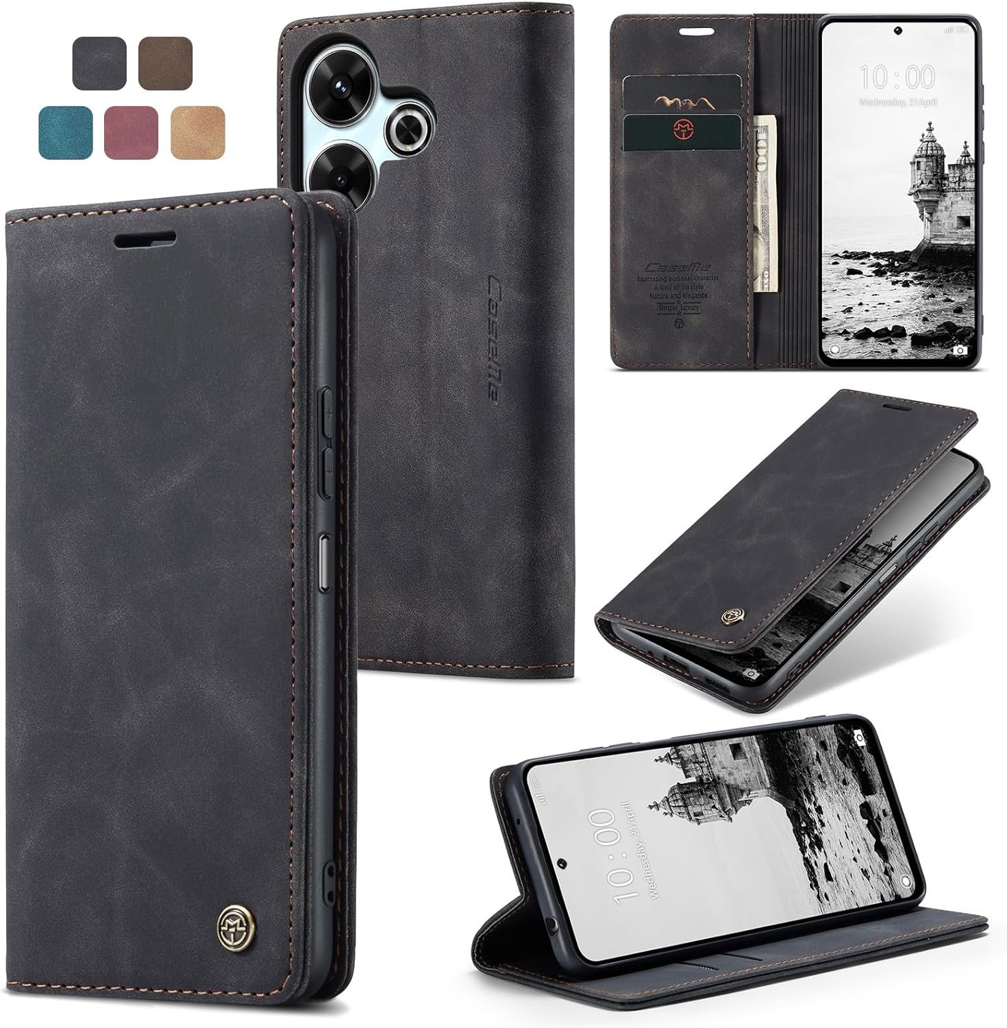 Coque Xiaomi Redmi 13/ Poco M6 4G/ Note 13R 5G Housse en Cuir PU Premium Fentes Cartes Etui Pochette de Portefeuille