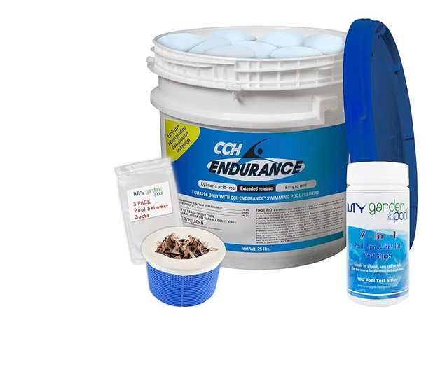 Soin de l'eau innovant CCH Endurance 3 pouces onglets d'hypochlorite de calcium, 25 Lb. Avec Mes Chaussettes Écumoires De Piscine De Jardin Et Des Bandes D'essai 7-en-1, Kit De Soin Complet De Piscine