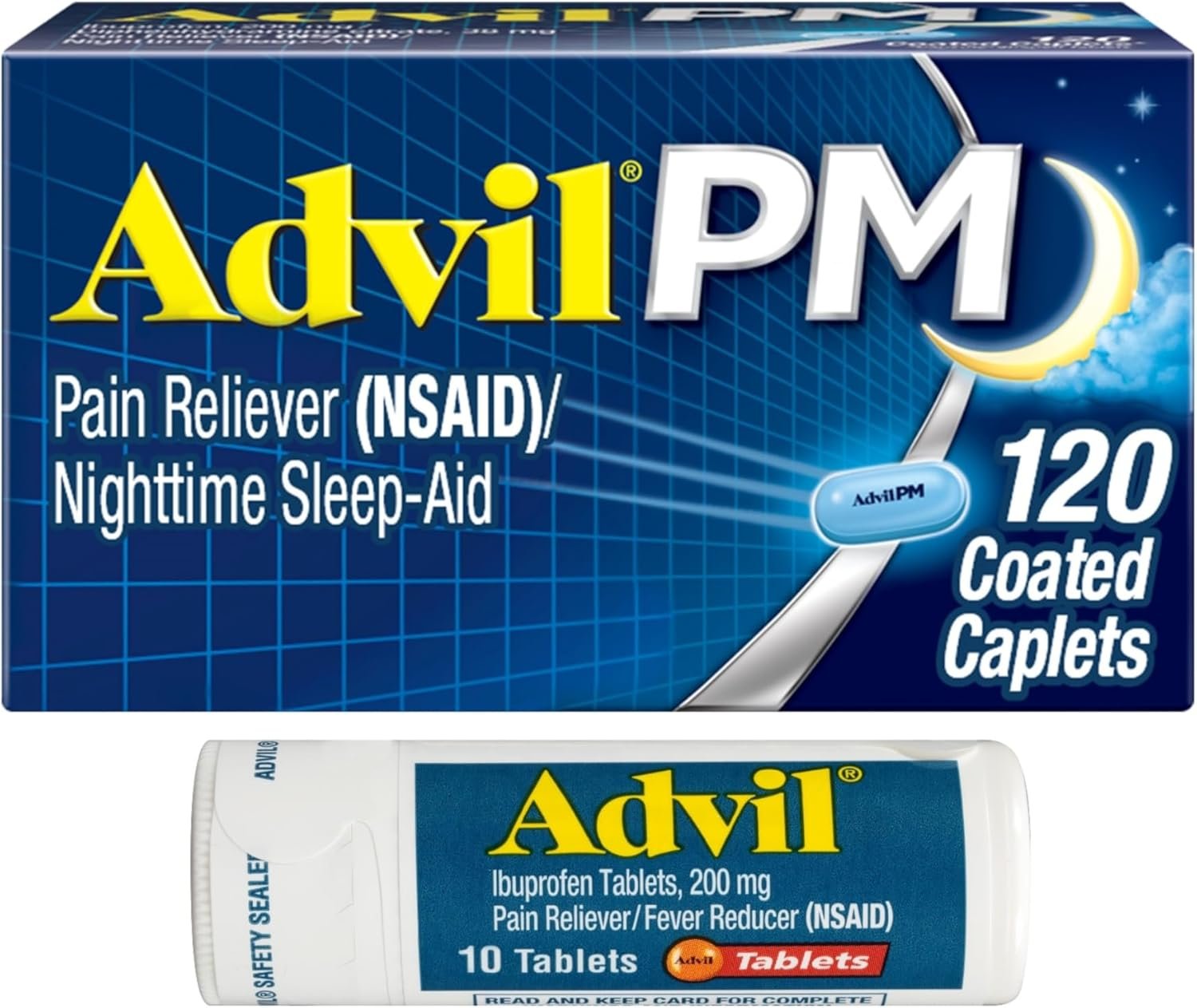 Advil PM – Ibuprofène + aide au sommeil, 120 caplets enrobés + 10 comprimés