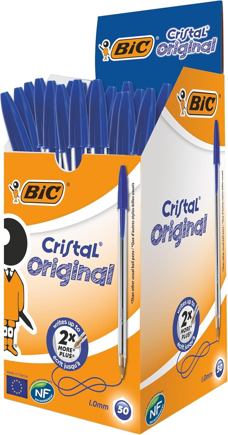 BIC Cristal Original Stylos-Bille Pointe Moyenne (1,0 mm)- Parfait pour l'Ecole et au Bureau) - Bleu, Boîte de 50