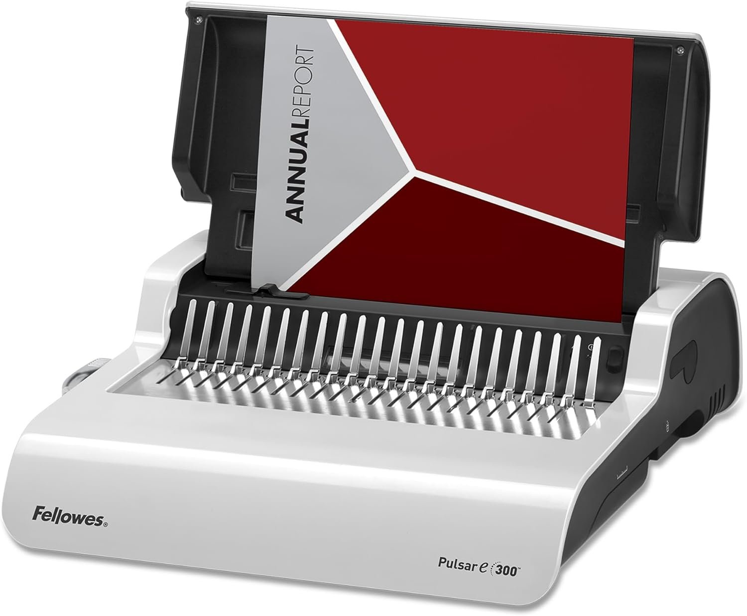 Machine à relier pour le bureau, Pulsar E - 300 feuilles, perforation électrique, anneaux métalliques et kit de démarrage inclus - Blanc