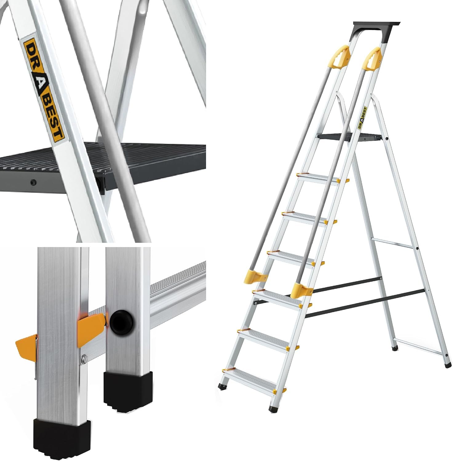 Drabest ÉCHELLES SÉRIES Pro Escabeau Ménager 7 Marches en Aluminium avec Mains Courantes