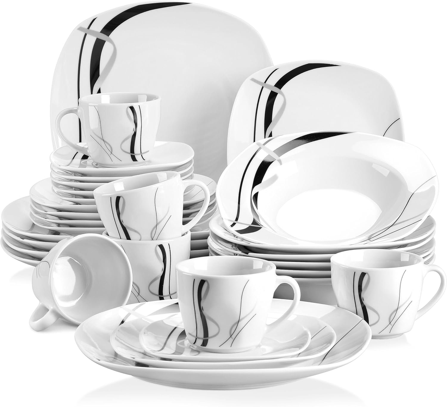 Service de Table en Porcelaine pour 6 Personnes 30 Pièces - Assiettes Plates, à Dessert, Creuses, Tasses et Soucoupes