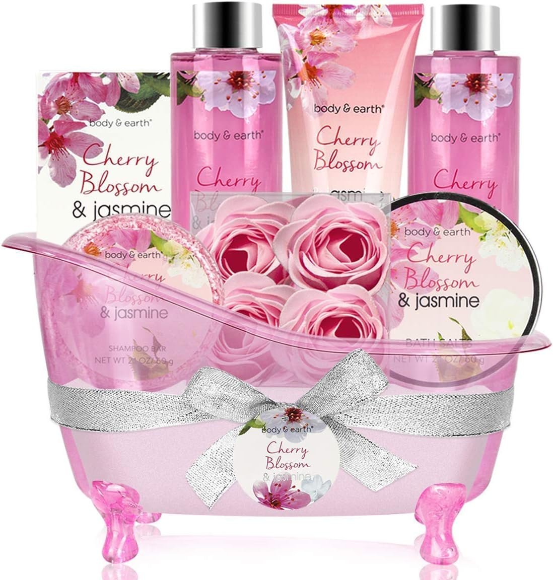 Coffret Bain et Corps-Panier-Cadeau de 8 Pièces au Parfum de Fleur de Cerisier et de Jasmin, Coffret Cadeau Parfait pour les Femmes de l’Anniversaire, cadeau noel