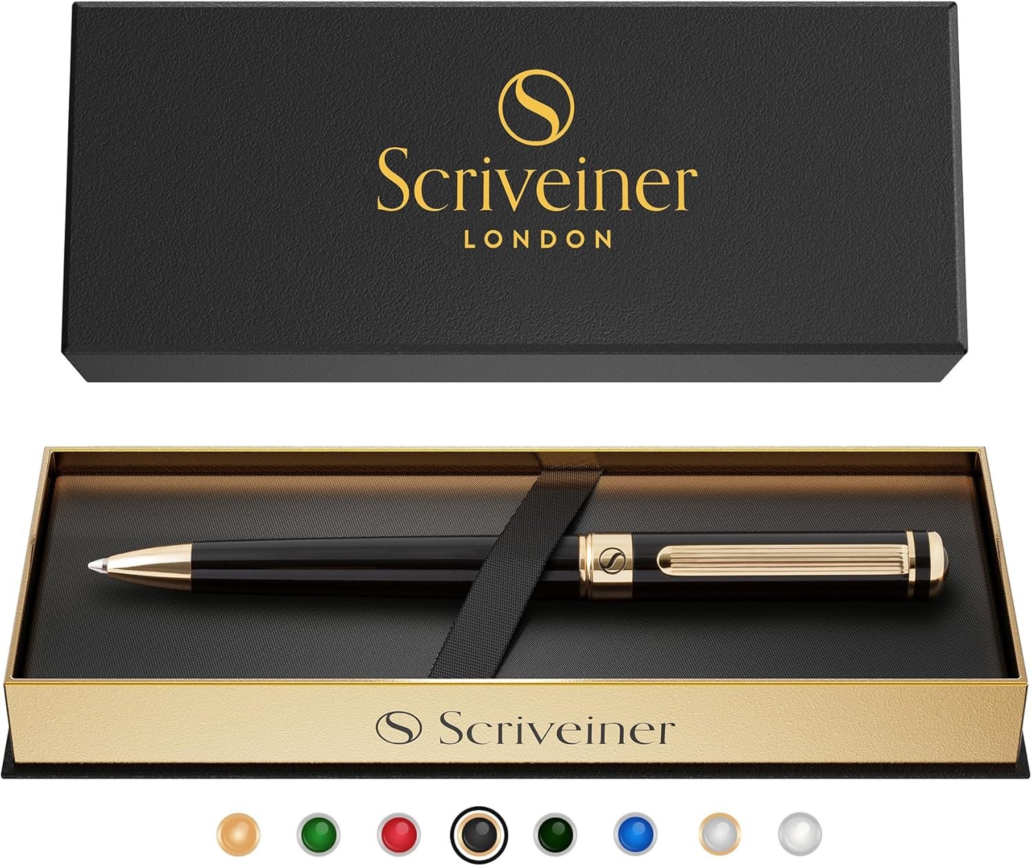 Stylo Bille Coffret Stylo à Bille Noir Laqué Finition Plaqué or véritable, Rechargeable et Rétractable, Beau Cadeau pour Homme & Femme avec Boîte, Accessoire de Bureau Professionnel