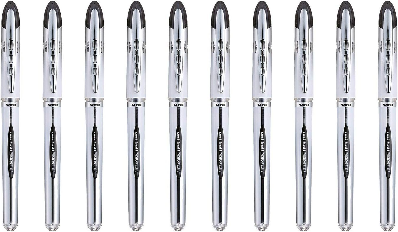 Pencil - 10 Stylos Uni-Ball Vision Elite UB200 - Airplane Safe - Stylo Roller Encre Liquide - Pointe 0,8 mm - Écriture Medium - Couleur Noi