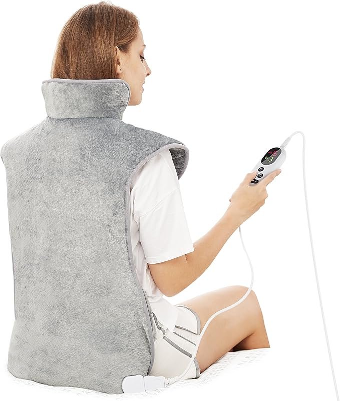 Coussin Chauffant dos Electrique Epaule et Nuque 60×100cm, 6 Niveaux de Chaleur, minuterie d'arrêt Automatique de 2 heures, Chauffage rapide, Ceinture, Chauffe-dos, Flanelle, Lavable en Machine