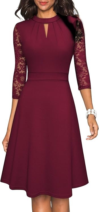 HOMEYEE Robe de Cocktail Plissée à Manches en Dentelle Creuse pour Robe Soirée Femme A234