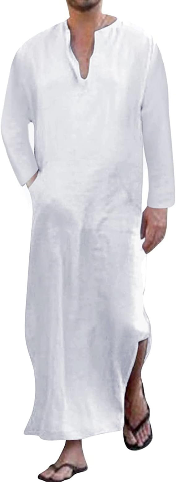Thobe Homme Long à Col V – Kaftan Casual avec Poches