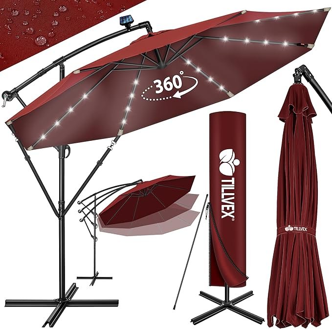 Parasol déporté LED solaire hexagonale 3M avec manivelle | Pare-soleil avec pied | Protection UV en aluminium pour le jardin | Parasol à manivelle pour le marché déperlant