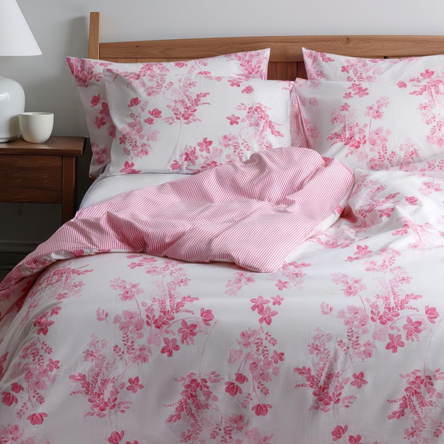 Housse de Couette 220x240 Coton Réversible Fleurie Rayée – Parure de Lit 220x240 Adulte Housse Couette Rose Taie Oreiller Coton 65x65