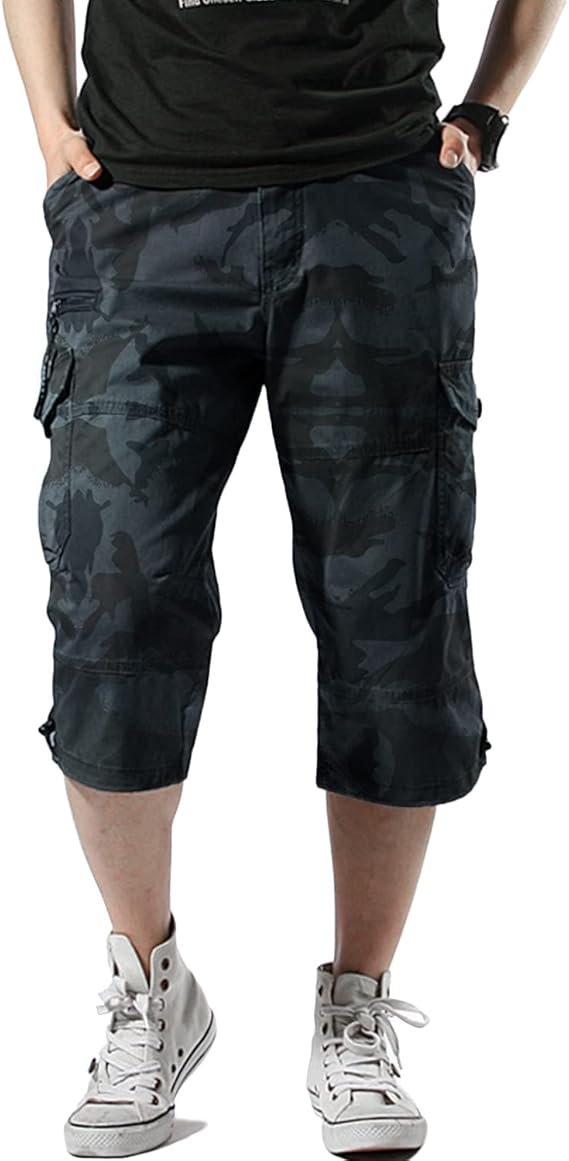 Short Bermuda Homme Cargo, Taille Élastique, Pantalon Casual en Coton avec Ceinture