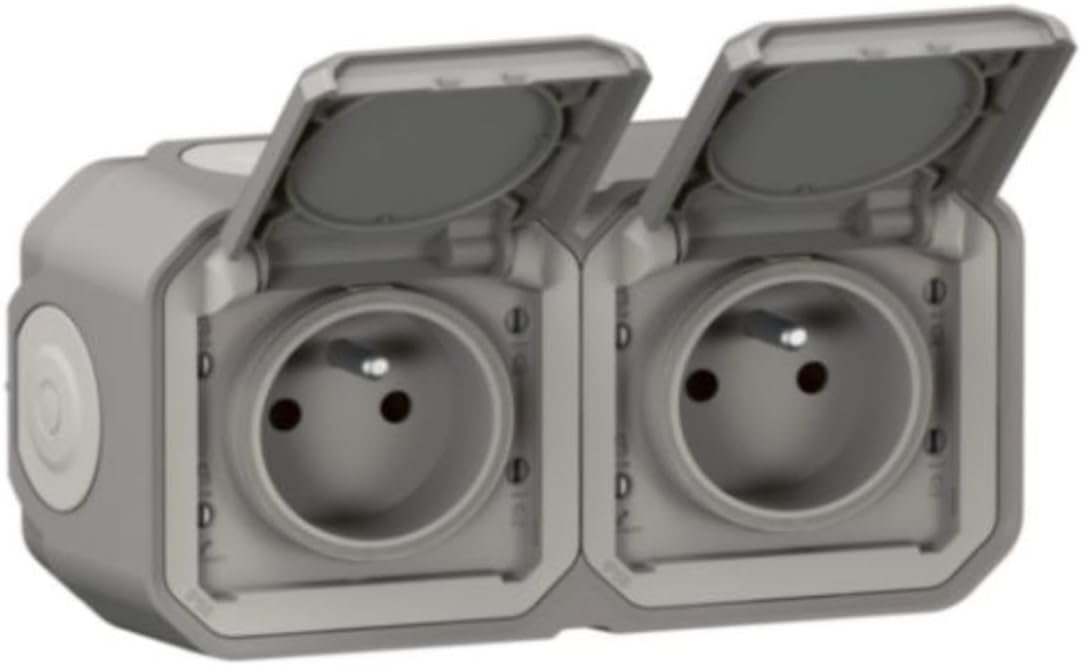 Prise Etanche Double IP55 avec Terre Plexo - Prise 2P+T 16A Complète avec Volet - Pour Pose en Apparent - Montage Horizontal