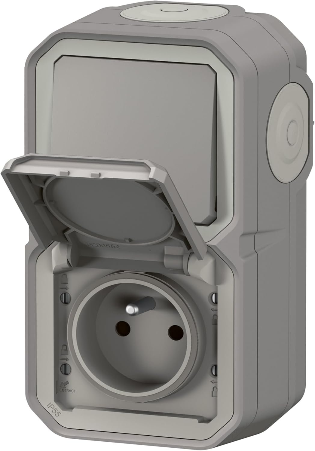Prise Etanche et Interrupteur Va-et-vient IP55 Plexo - Prise 2P+T 16A/250V avec Volet + Interrupteur Mural 10A - Pour Pose Verticale en Apparent