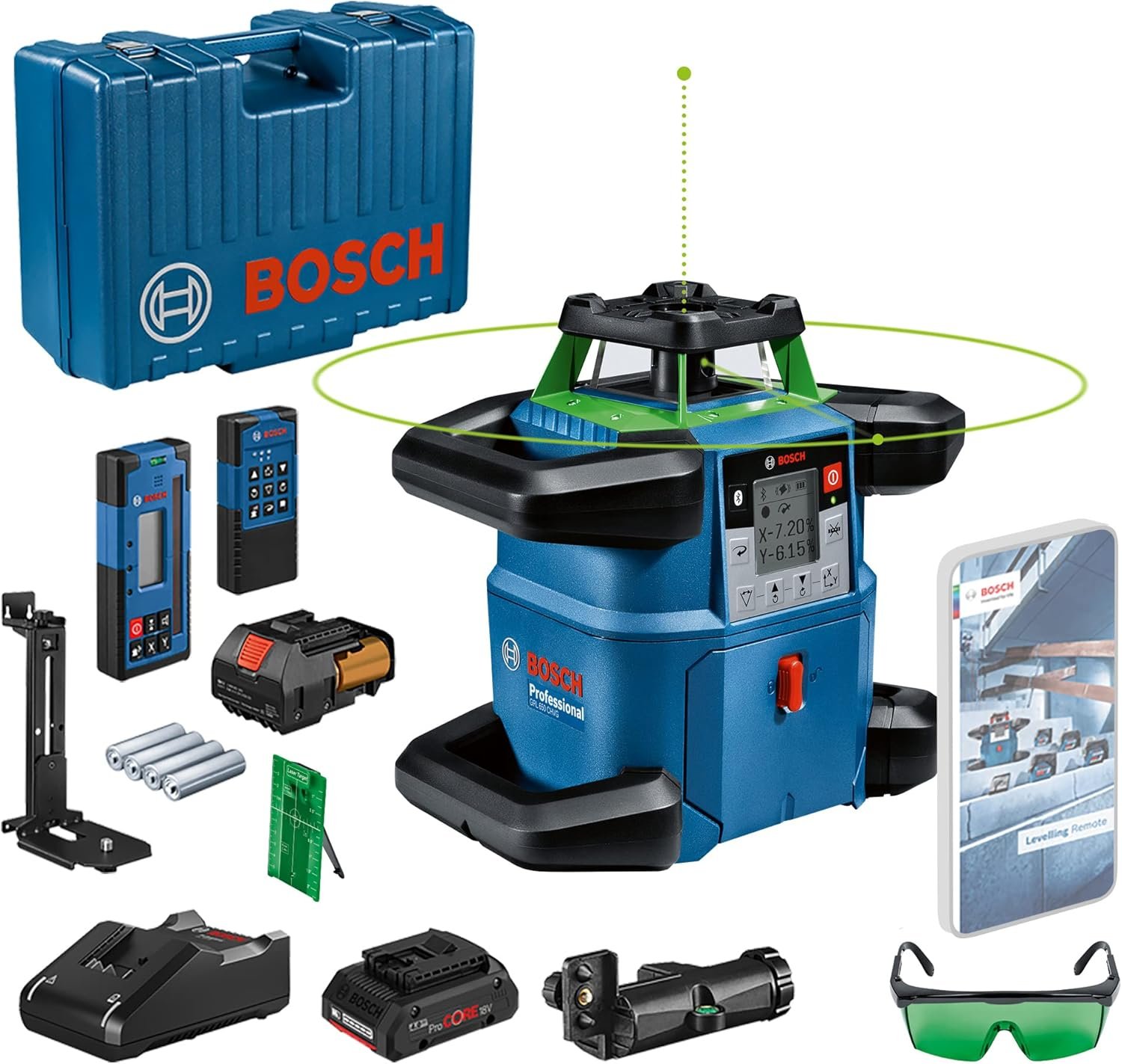 18V System laser rotatif GRL 650 CHVG (laser vert, mises à niveau extérieures, 1 batterie 18 V 4,0 Ah + chargeur, avec application dédiée, portée : jusqu’à 650 m, dans coffret)