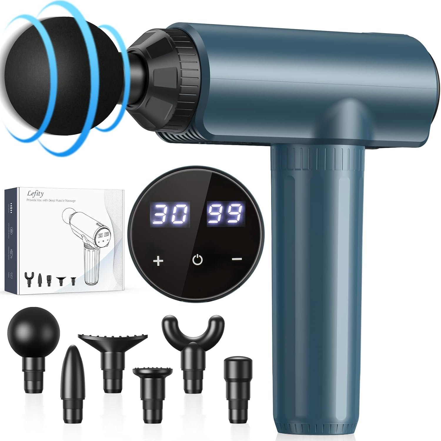 Pistolet de Massage, Pistolet de Massage Musculaire Lefity avec 30 Niveaux Réglables et 6 Têtes de Massage Gun Professionnel avec écran LCD pour Soulager les Douleurs Musculaires