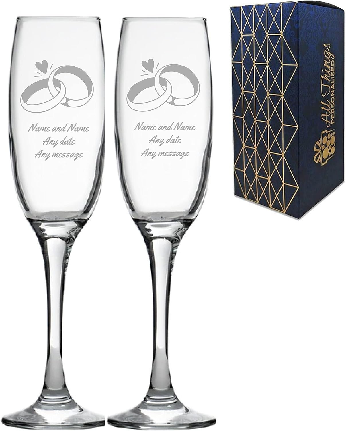 Ensemble de verres à champagne de mariage gravés personnalisés avec n'importe quel message, n'importe quelle date, conception d'alliances, deux verres à champagne personnalisés de 7 oz / 207 ml