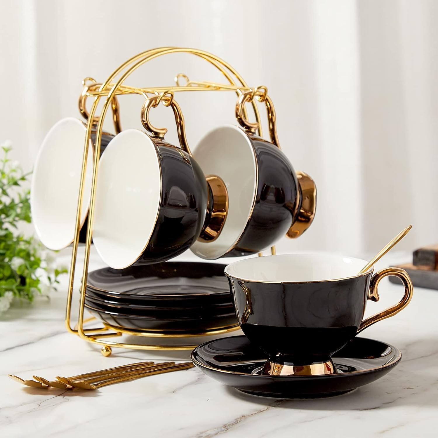 Tasse à thé et soucoupes de 4 (220 ml), ensemble de tasses à thé de luxe avec bordure dorée, tasses à café noires avec support en métal, ensemble de thé en porcelaine britannique - Noir