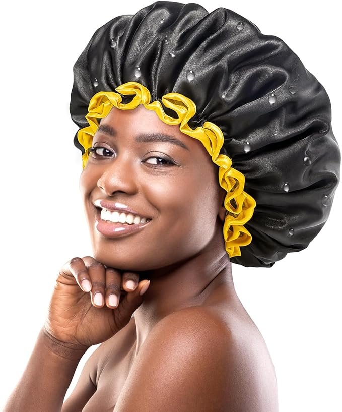 Bonnet en Satin pour Hommes et Femmes, Bonnet de Couchage Double Couche réversible pour Tresses de Cheveux avec Bande élastique réglable antidérapante Super Doux (XL, Noir/Bleu)