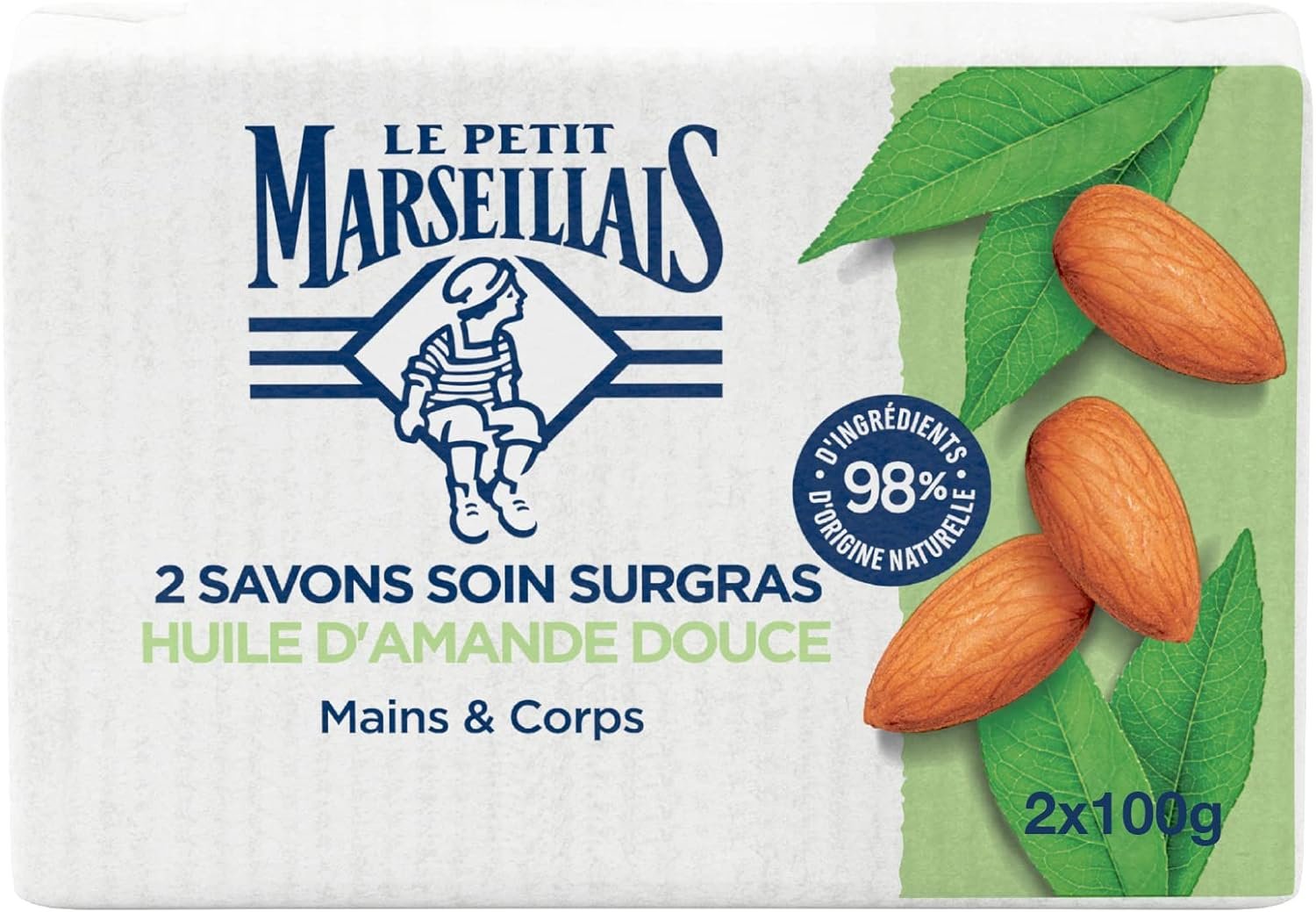 Savon Soin Surgras Huile d'Amande Douce (2 pains de 100 g) – Savon solide mains & corps avec 98 %