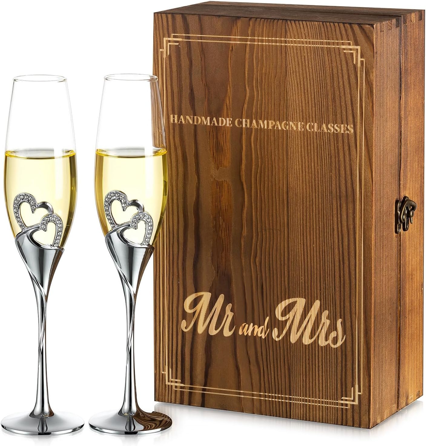 Flûte à Champagne Personnalisée Coffret Cadeau en Bois Cristal Prosecco Verre Ensemble de 2, Ensemble Cadeau Argent Toast Anniversaire Fête Nuptiale Douches