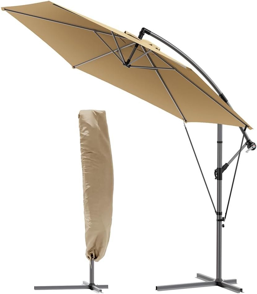 Parasol Déporté Hexagonale 3M avec Manivelle Anti-Retour et Sangle de Fixation Parasol Inclinable Toile 180gr/m2 Anti UV H235cm 6 Baleines en Acier Inclus Housse de Protection