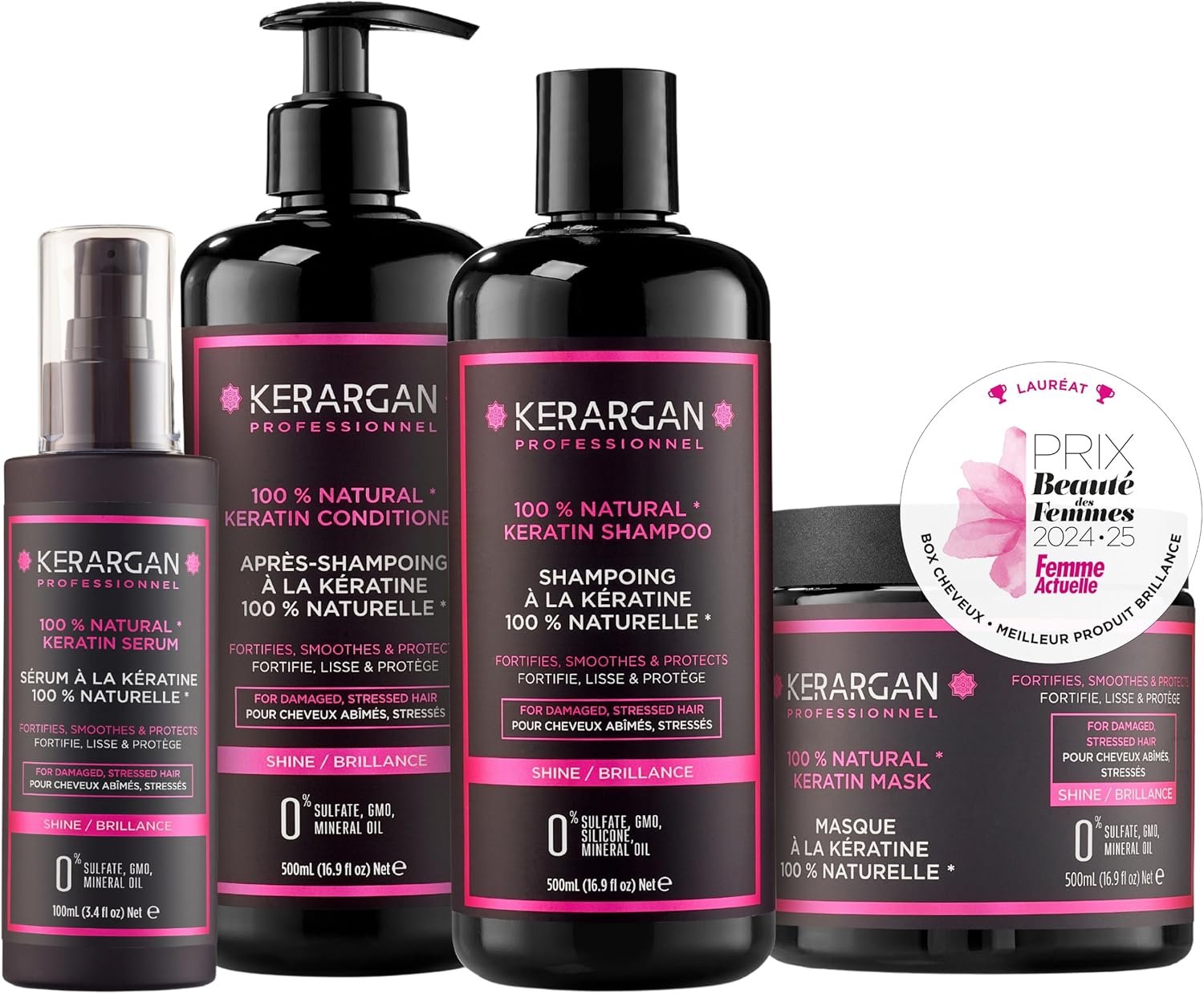 Ensemble Ultra Réparateur Shampoing, Après-shampoing, Masque & Sérum à la Kératine pour Cheveux Abîmés et Stressés - Revitalise & Protège - Sans Sulfate, OGM, Silicone - 3x500 ml + 100 ml