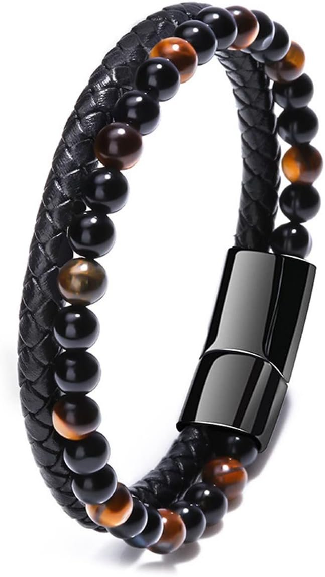 Bracelet Homme, Homme Cuir Véritable Bracelet,En Perles De Pierres Naturelles 6mm Et Cuir Véritable De Haute Qualité Avec Fermoir Magnétique Amovible En Acier Inoxydable