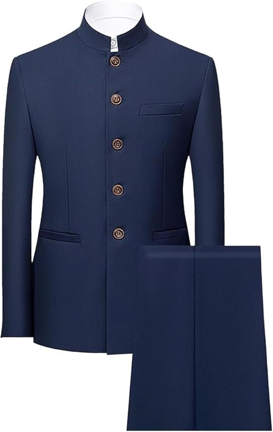 Costume Tunique Chinoise 2 Pièces pour Hommes Ensemble Blazer à Col Mandarin Ensemble Pantalon Veste Boutonnée Robe de Marié Uniforme Traditionnelle