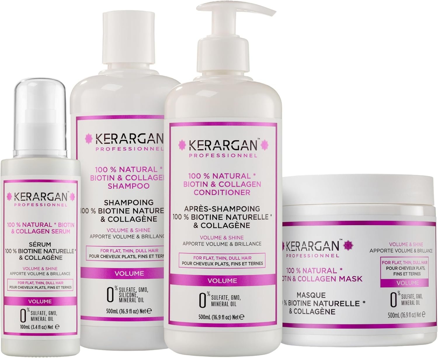 Ensemble Volumisant Shampoing, Après-shampoing, Masque & Sérum à la Biotine & Collagène pour Cheveux Plats, Fins et Ternes - Volume et Brillance - Sans Sulfate & OGM - 3x500ml & 1x100ml
