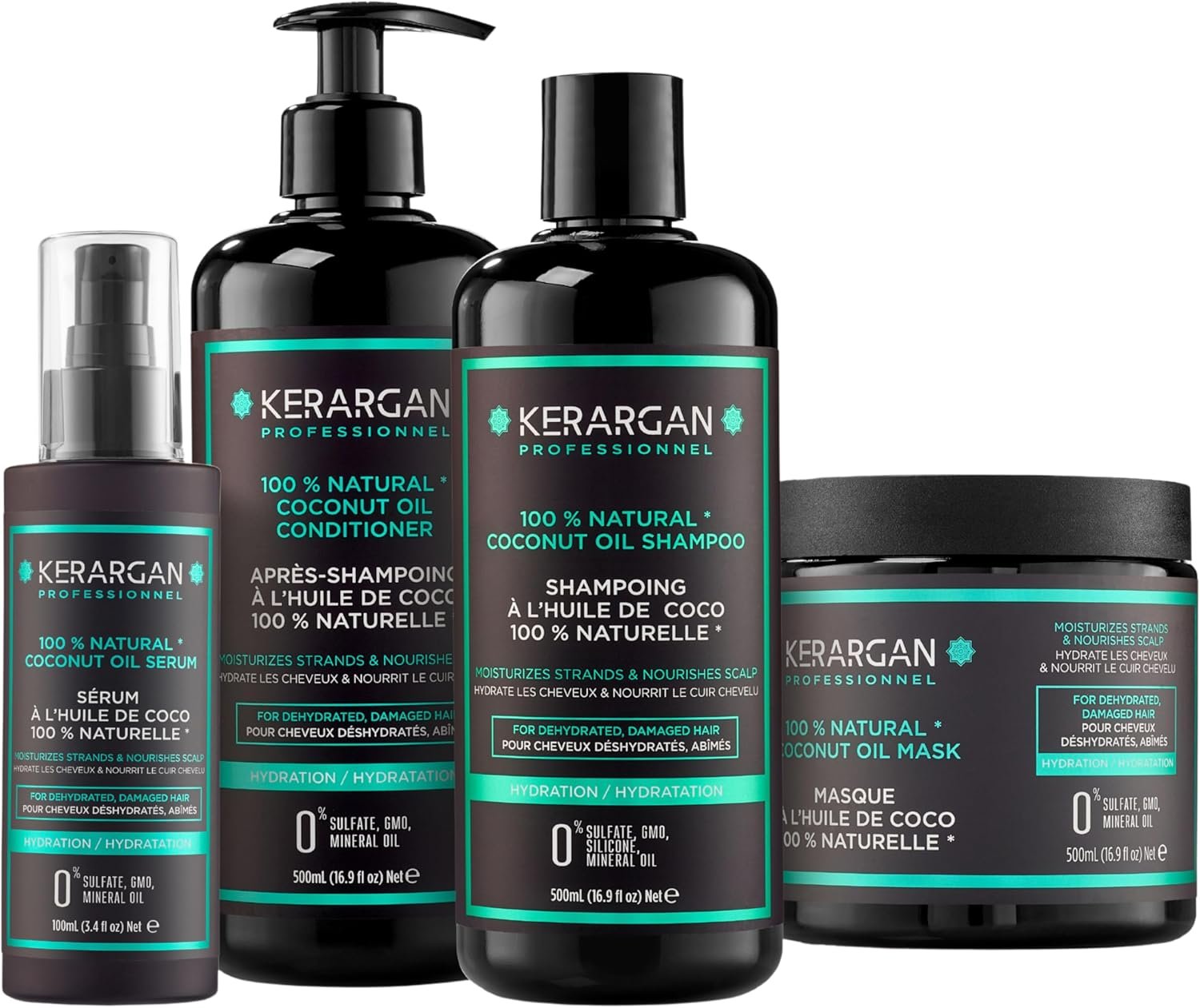 Ensemble Hydratant Shampoing, Après-Shampoing, Masque & Sérum à l’Huile de Coco - Soin Complet pour Cheveux Déshydratés, Abîmés - Sans Sulfate, OGM, Silicone - 3x500 ml + 100ml