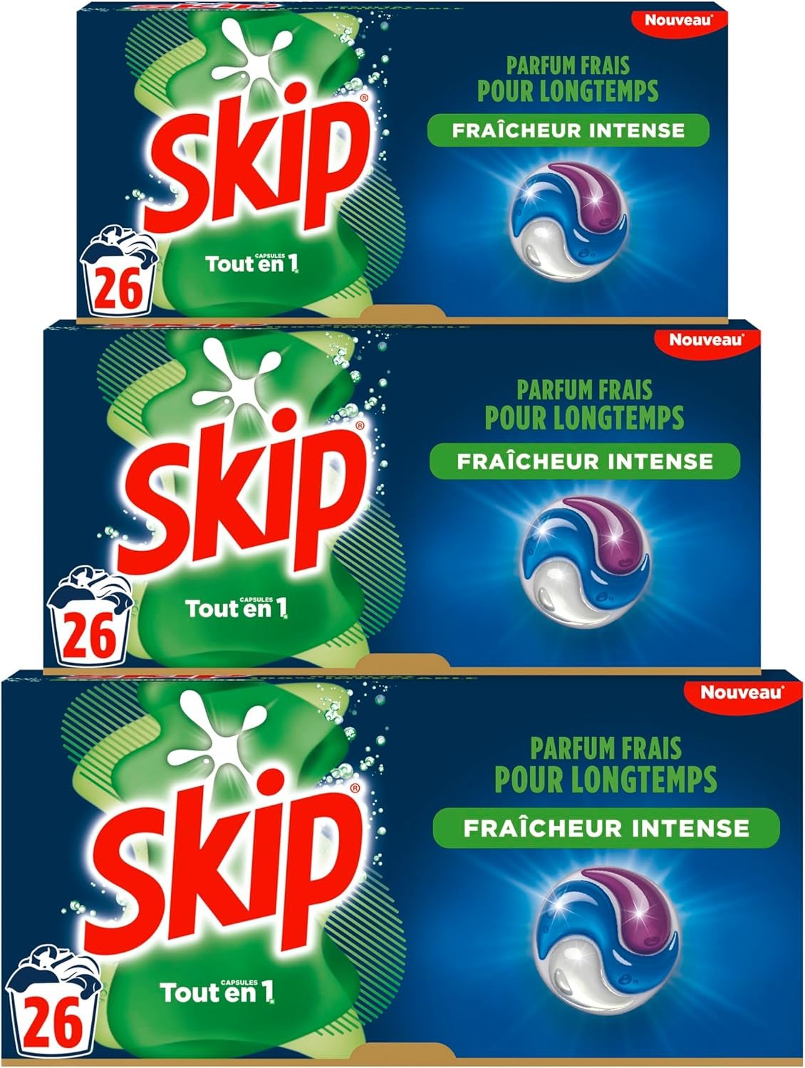 Lessive liquide en capsules Fraîcheur intense 3 en 1 - 78 lavages - résultat impeccable et efficace dès 30° - sans emballage plastique (lot de 3x26)