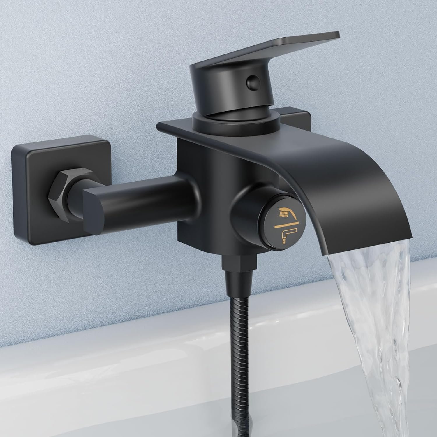 Robinet de baignoire cascade noir - Mitigeur de baignoire - Robinet en laiton avec bouton poussoir - Pour montage mural