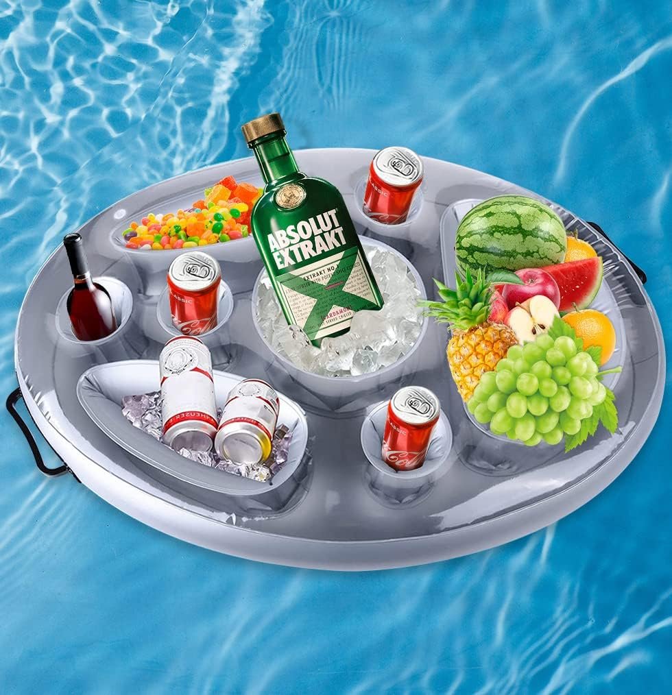 Plateau bar flottant gonflable pour piscine – 8 compartiments, porte-boissons et snacks pour piscine, spa et plage