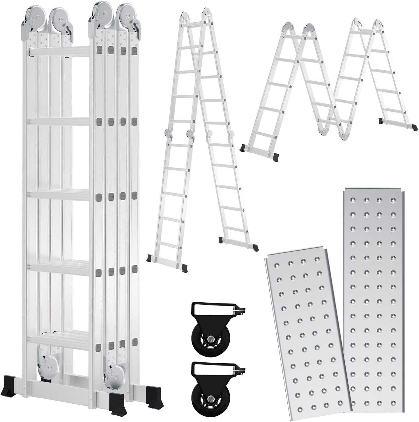 Échelle multifonction en aluminium 4 x 5 marches 5,8 m avec plateforme, échelle avec 2 panneaux d'échafaudage, escabeau jusqu'à 150 kg