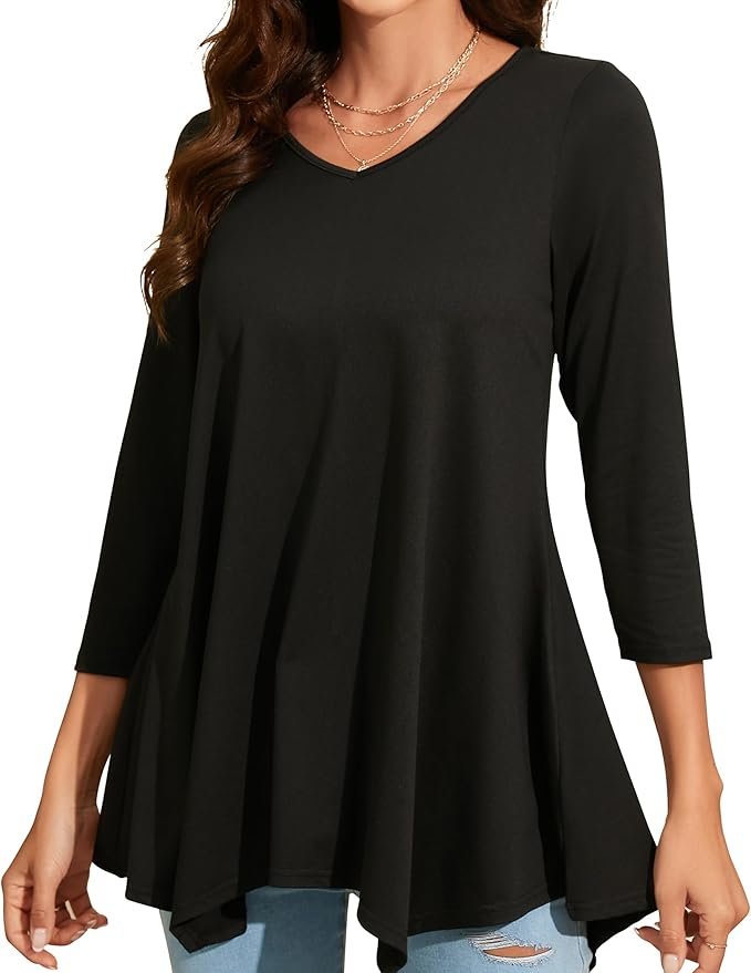 Enmain Tunique Femme Longue Grande Taille à Manches 3/4 Chemisier Chic et élégant Col V Tuniques à Motifs Couleur Unie Haut Ample pour Femmes