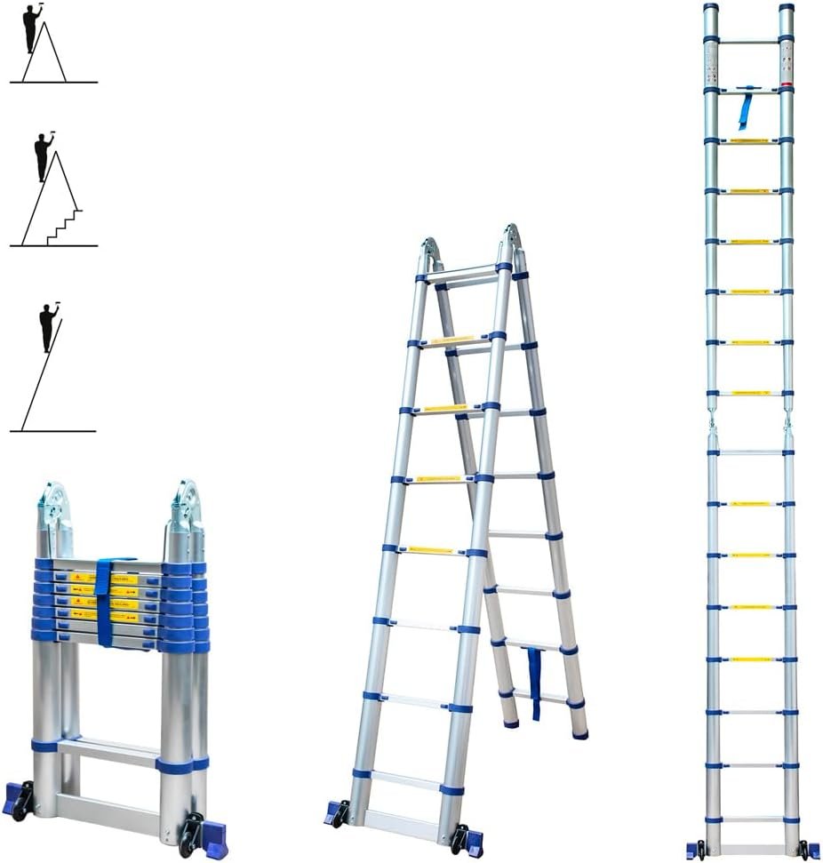 Echelle télescopique articulée 5m STEMPAKT, escabeau 2x8 marches Pliable