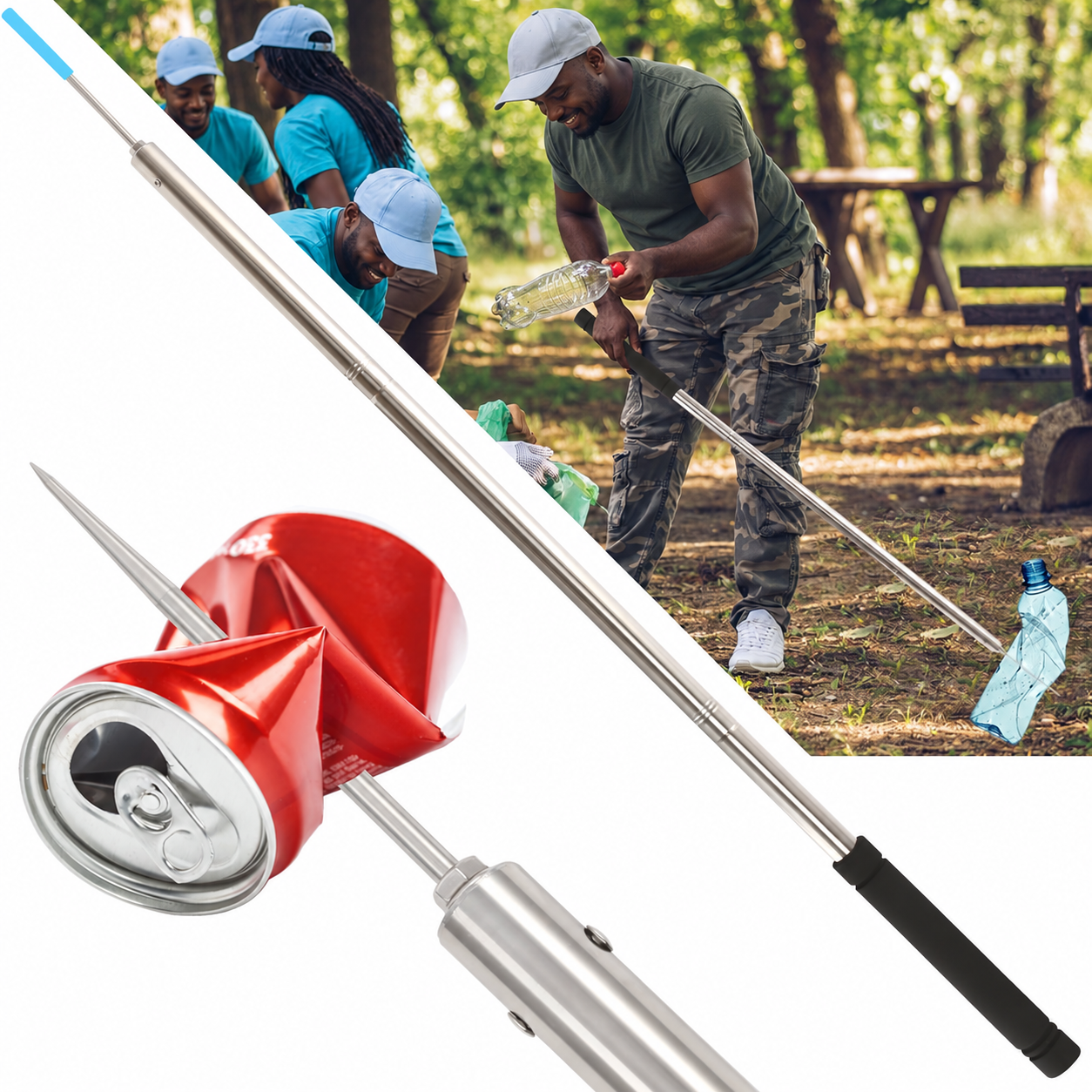 Pique-Déchets Télescopique en Acier Inoxydable – Ramasse-Déchets à Pointe Renforcée avec Capuchon de Protection – Longueurs 47 à 62 Pouces