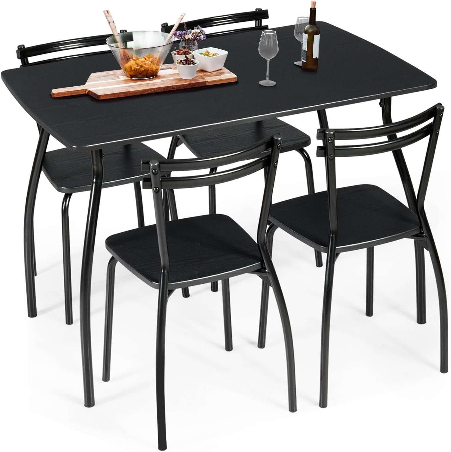 Table à Manger avec 4 Chaises, Ensemble Table et 4 Chaises de Salle à Manger en Cadre Métal à Dossier Incurvé Ergonomique
