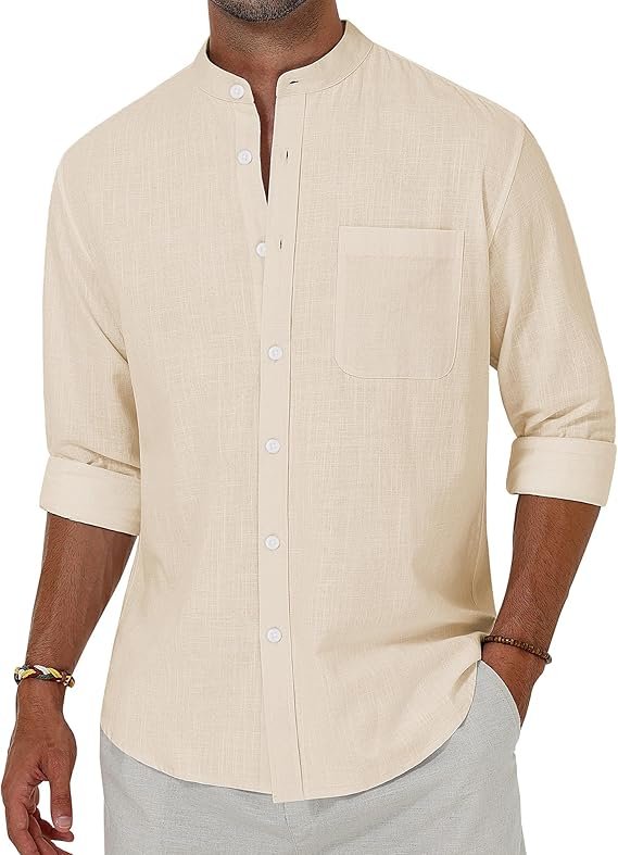 Chemise Homme en Coton Effet Lin à Col Mao – Manches Longues